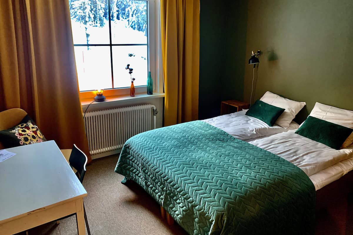 Individually decorated, desk, laptop workspace, blackout drapes