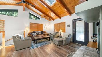 Smart TV, fireplace, foosball