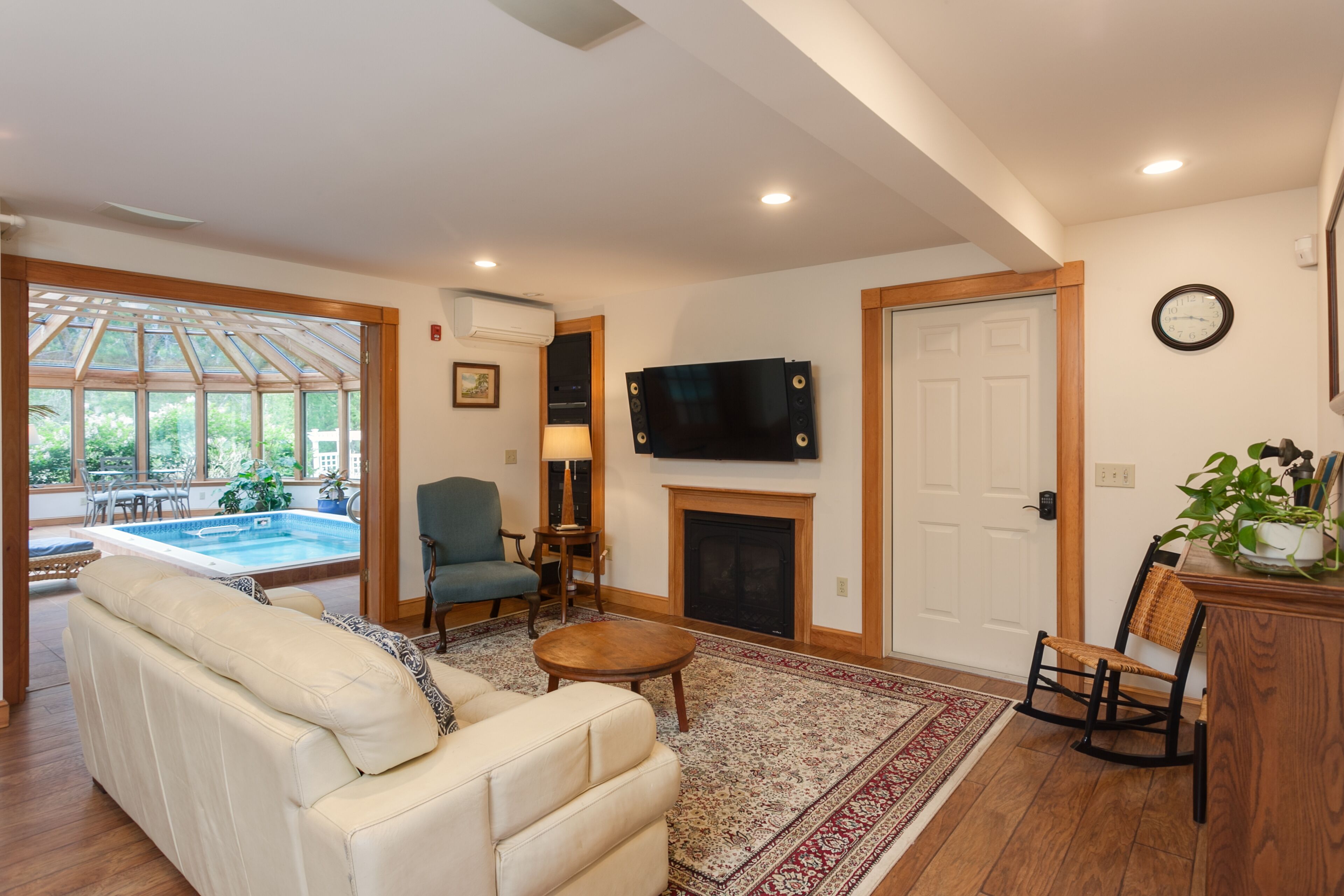 Smart TV, fireplace, books