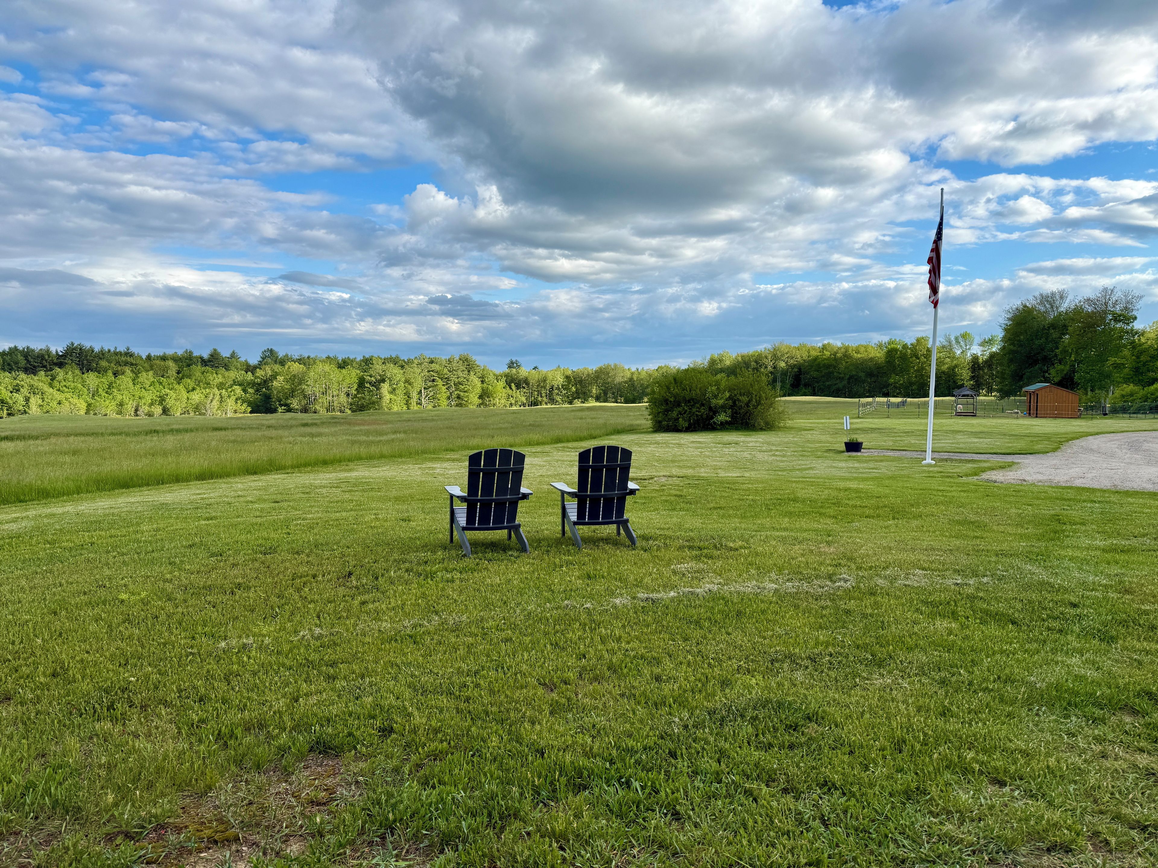A grassy field with two Adirondack chairs and a flagpole.