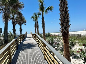 Ein hölzerner Steg führt zu einem Strand mit Palmen und blauem Himmel.