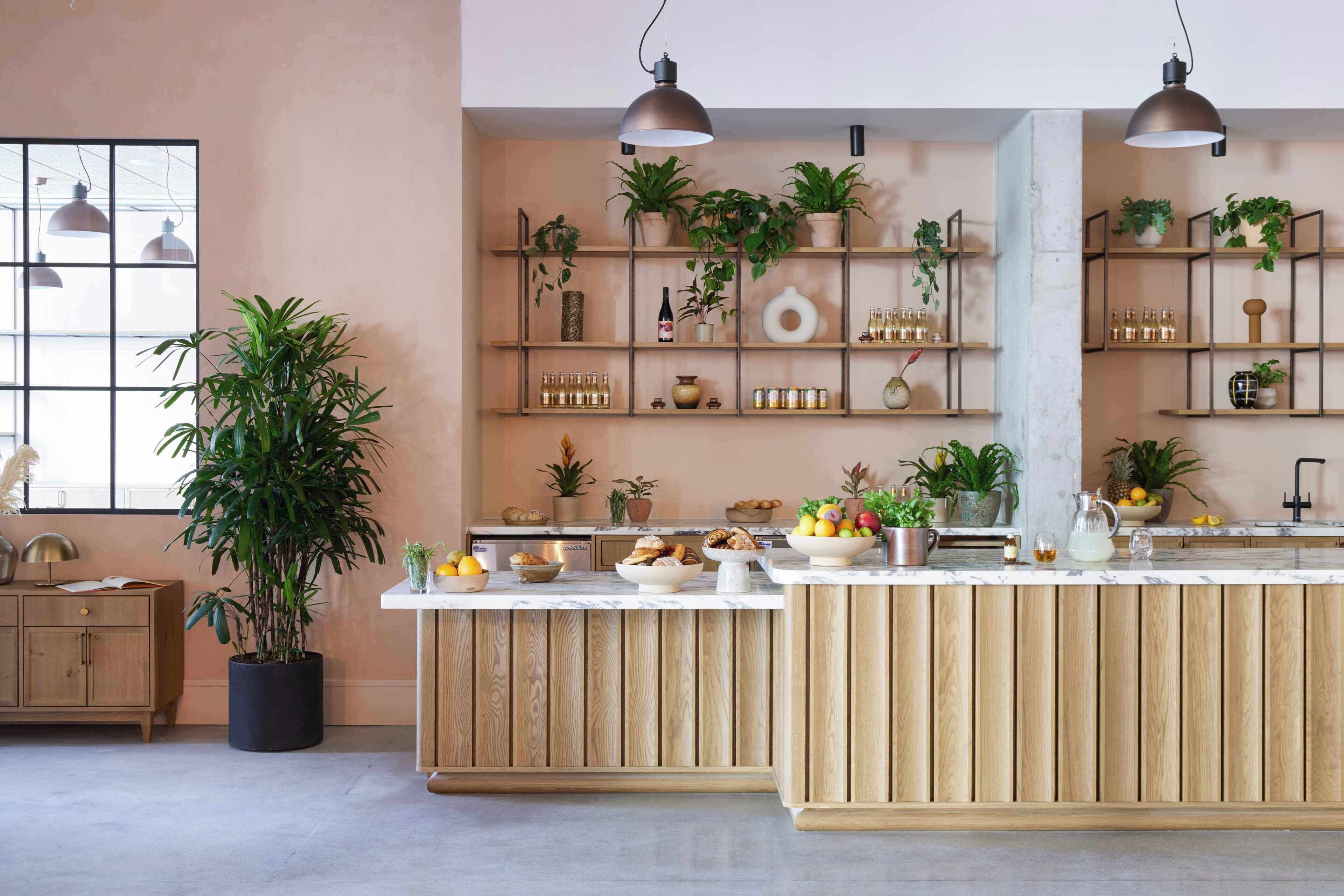 A modern kitchen with wooden cabinetry, a central island, and shelves with plants and kitchenware.