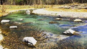 Un río cristalino con rocas, rodeado de árboles y una zona cubierta de césped.