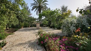 A garden pathway leading to a stone monument surrounded by lush greenery and flowering plants. - Villa Butxaco, One of the most popular, and for good reason (Pollença)