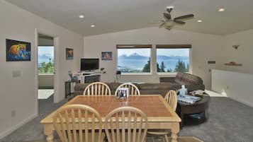 Smart TV, fireplace, books