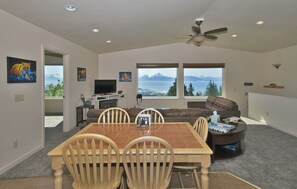 Smart TV, fireplace, books