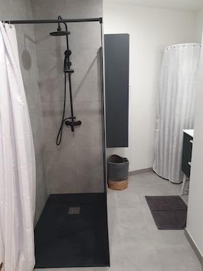 Shower, hair dryer, towels, toilet paper