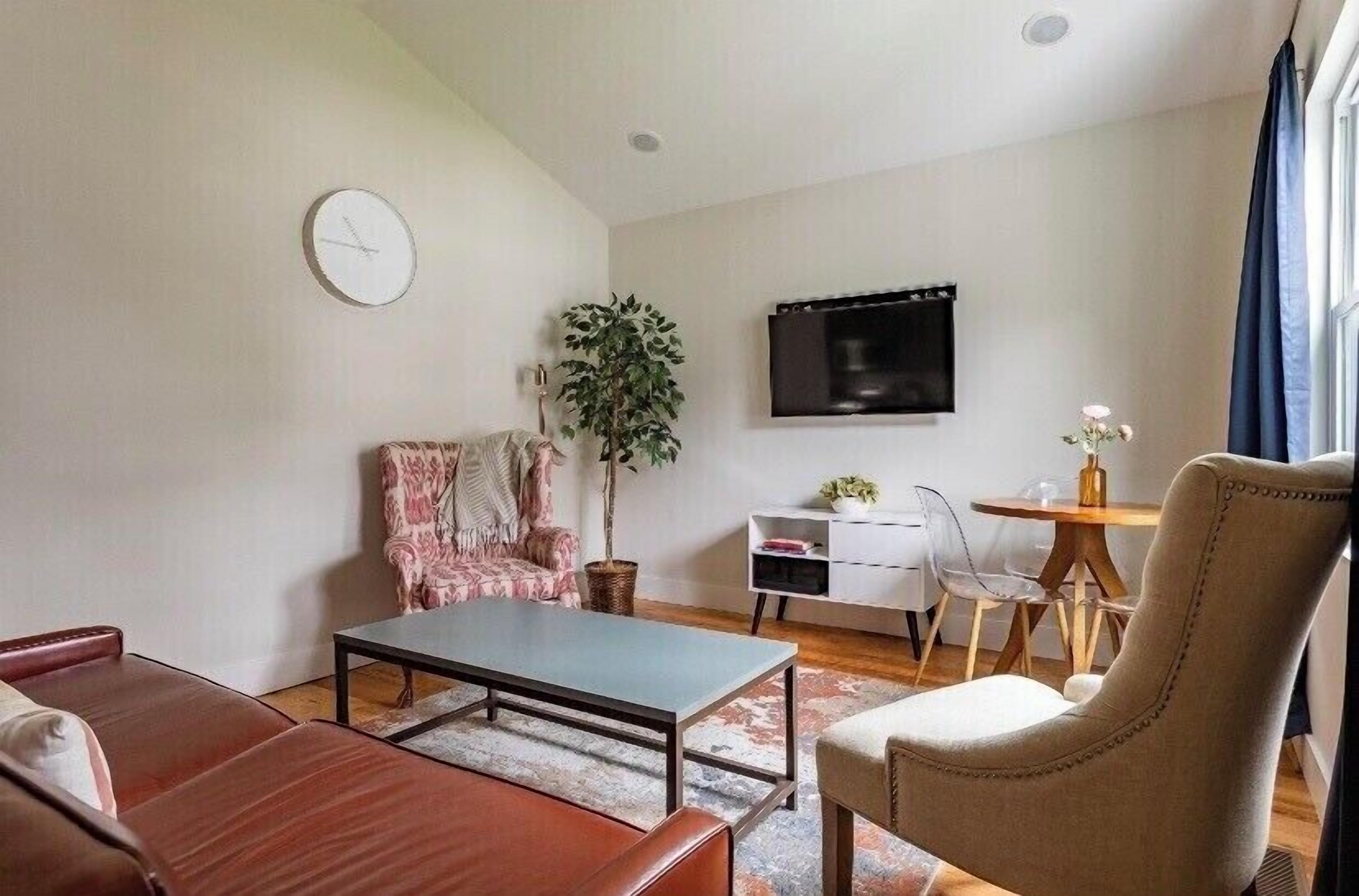 A living room with a sofa, a coffee table, a chair, a TV, a plant, and a dining area with a table and chairs.