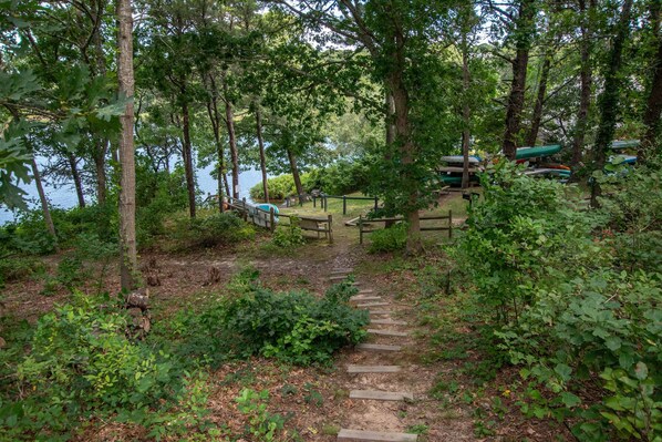A forested area with a wooden staircase leading to a dock with canoes.