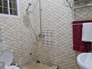 Douche, serviettes fournies, savon, papier toilette