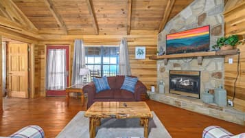 Flat-screen TV, fireplace, video games, Hulu