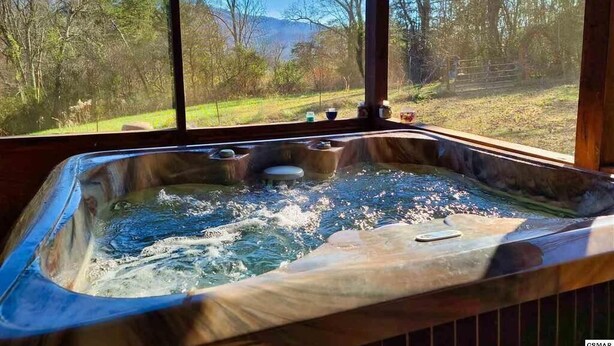 Un bain à remous avec vue sur une forêt et des montagnes.