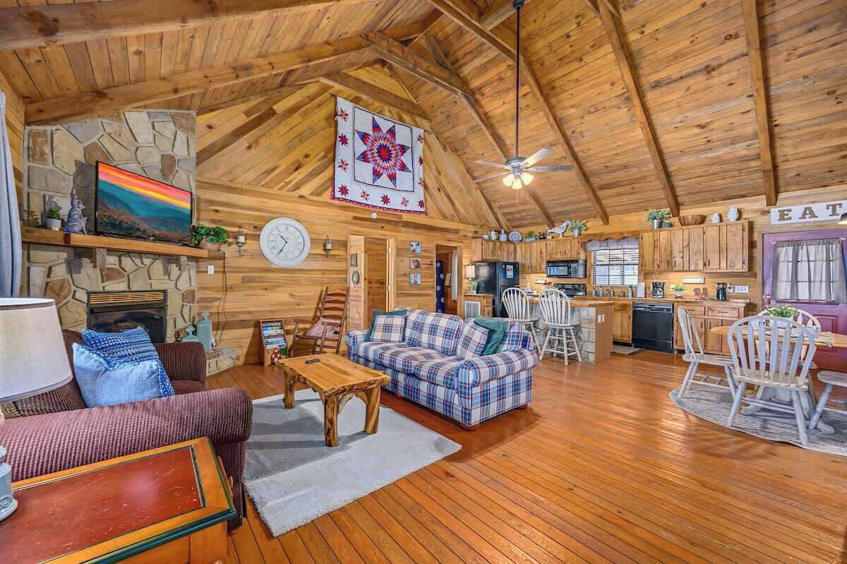 Flat-screen TV, fireplace, video games, Hulu