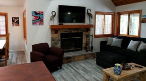 Smart TV, fireplace, books