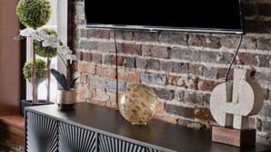 Een moderne woonkamer met een bakstenen muur, een wandtelevisie, een decor kast en een potplant.