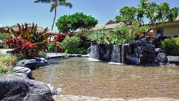 Un jardín tropical con una pequeña cascada, palmeras y un edificio con techo de paja.
