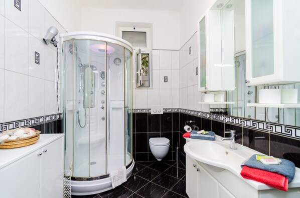 Studio (Comfort Studio Apartment with Terrace) | Bathroom | Shower, hair dryer, towels