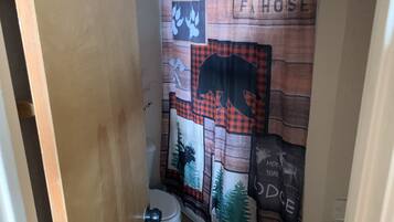 Combined shower/tub, towels, soap, toilet paper