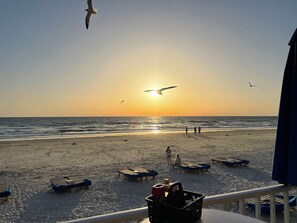 Una playa con sillas de descanso y vista al océano.