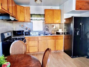 Fridge, microwave, stovetop, toaster