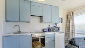 Una cocina compacta con pileta, estufa, microondas y lavavajillas. Hay una ventana con cortinas y un sofá de cuadros en la zona de estar.