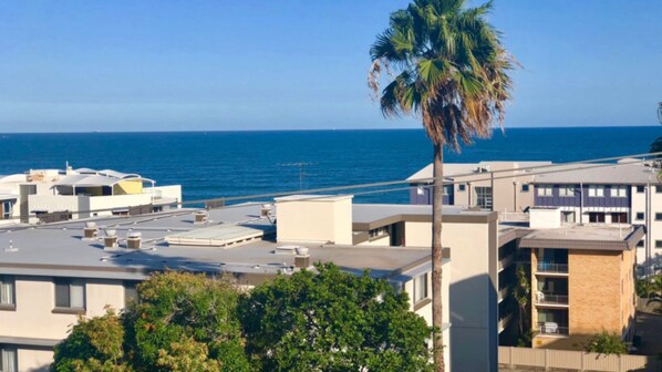 A coastal residential area with a view of the sea, featuring modern buildings with flat roofs and a prominent palm tree.