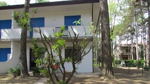 Un edificio de fachada blanca y contraventanas azules, rodeado de árboles y un camino pavimentado.