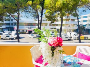 Apartment, 1 Schlafzimmer, Balkon, Stadtblick | Speisen im Freien