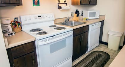 One bedroom condo, walking distance to Estes Park, river view from deck.