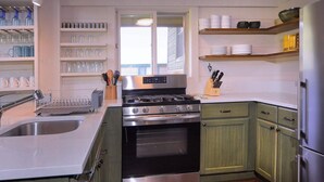 Une cuisine équipée d’une cuisinière en acier inoxydable, d’un évier à deux bacs et de meubles de couleur verte.