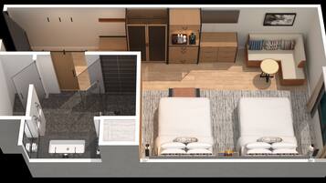 Apartamento de dos habitaciones con baño, kitchenette y sala de estar con sofá y una pequeña mesa.