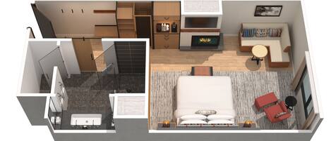 A 3D floor plan of a hotel room with a bed, a seating area with a table, a TV, a wardrobe, and a bathroom.