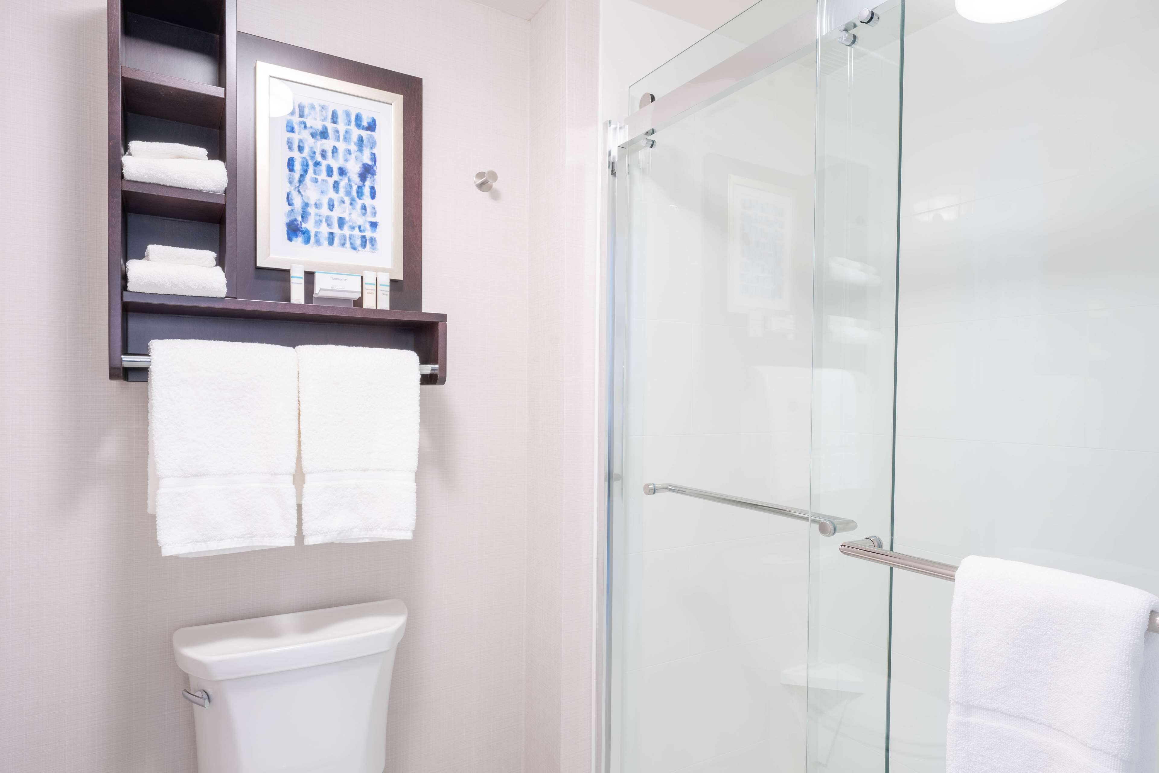 Un baño moderno con cabina de ducha de vidrio, inodoro y toallero con toallas dobladas.