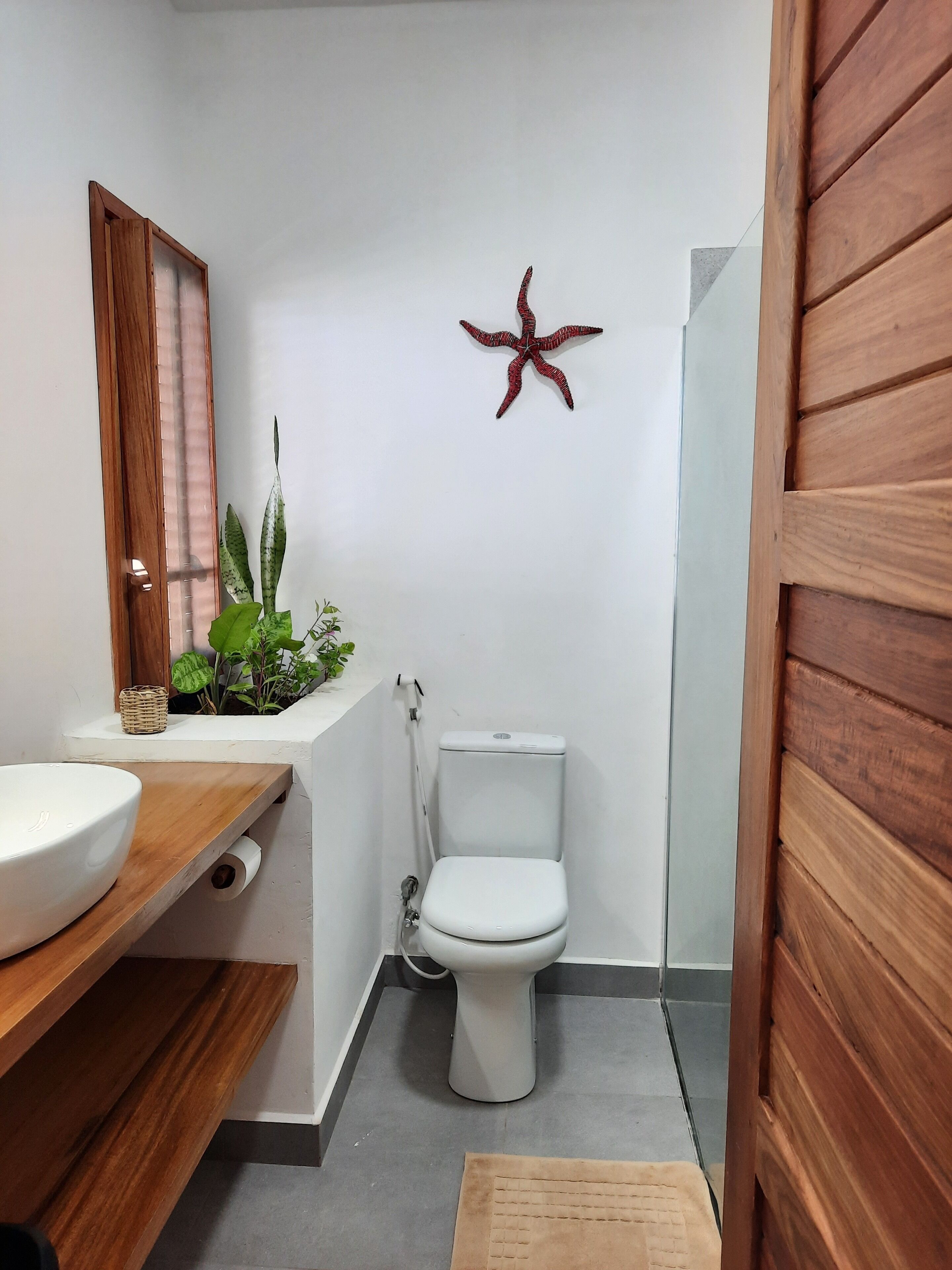 Un bagno con un mobile contenitore in legno, un lavandino bianco, un water e una decorazione a forma di stella marina sul muro.