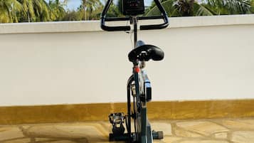 Ein stehendes Fitnessfahrrad auf einer gefliesten Terrasse mit weißer Wand und Palmen im Hintergrund.