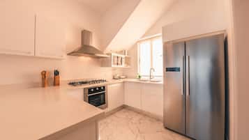 Fridge, microwave, oven, coffee/tea maker