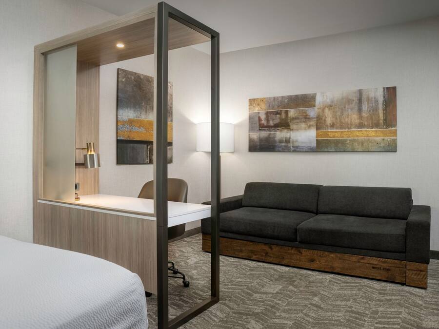 Una habitación de hotel moderna con cama, escritorio, sofá y dos cuadros abstractos en la pared.