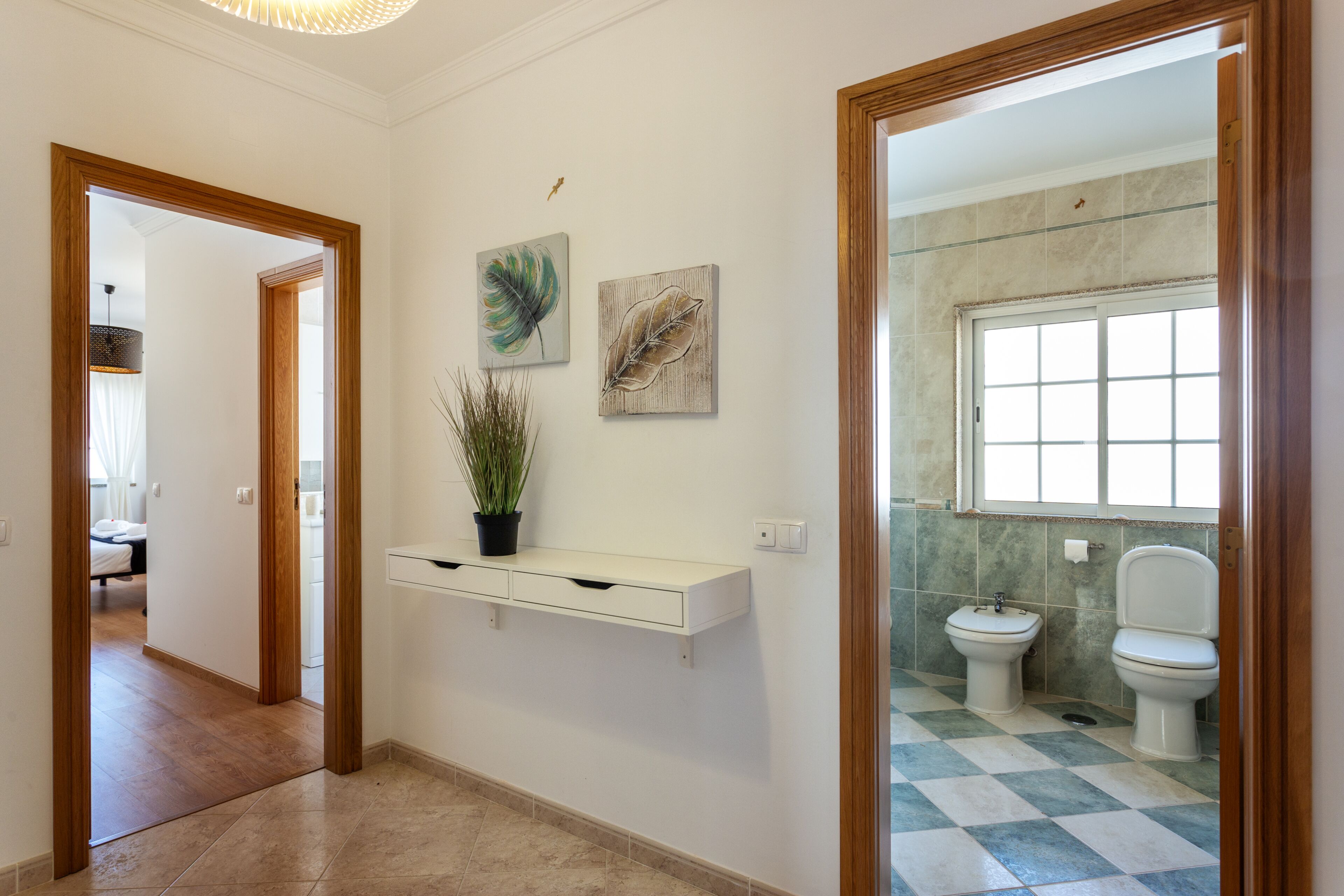 Un couloir avec une porte en bois, une console blanche sur laquelle est posée une plante en pot, et deux œuvres d’art accrochées au mur.