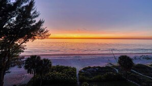 Un coucher de soleil sur une mer calme, avec une plage au premier plan, des arbres et un ciel dégagé.