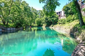 A serene river with clear water, surrounded by lush greenery and a stone wall.