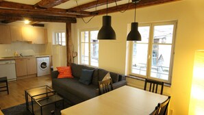 A compact living space with a kitchen, dining area, and a sofa with cushions. - Colmar Historic Center - Appartement PETITE VENISE 2 - BookingAlsace (Colmar)