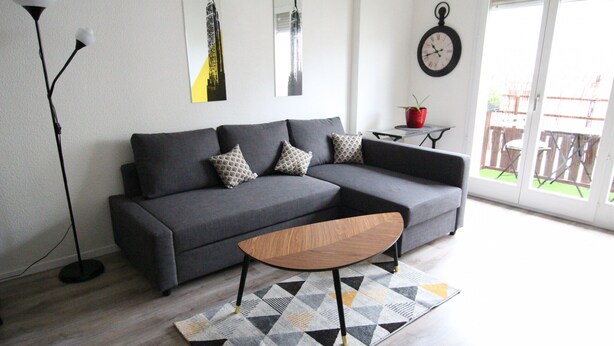 A modern living room with a grey sectional sofa, a wooden coffee table, and a patterned rug. - Colmar City Center - Appartement SCHNAPSALA - BookingAlsace (Colmar)