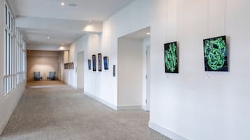 A hallway with art on the walls, a carpeted floor, and a door at the end.
