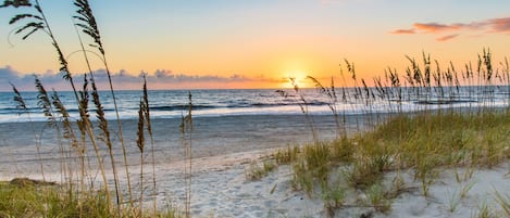 A beach with sand, grass, and waves at sunset.