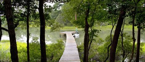 A wooden dock extending into a calm lake surrounded by dense forest.