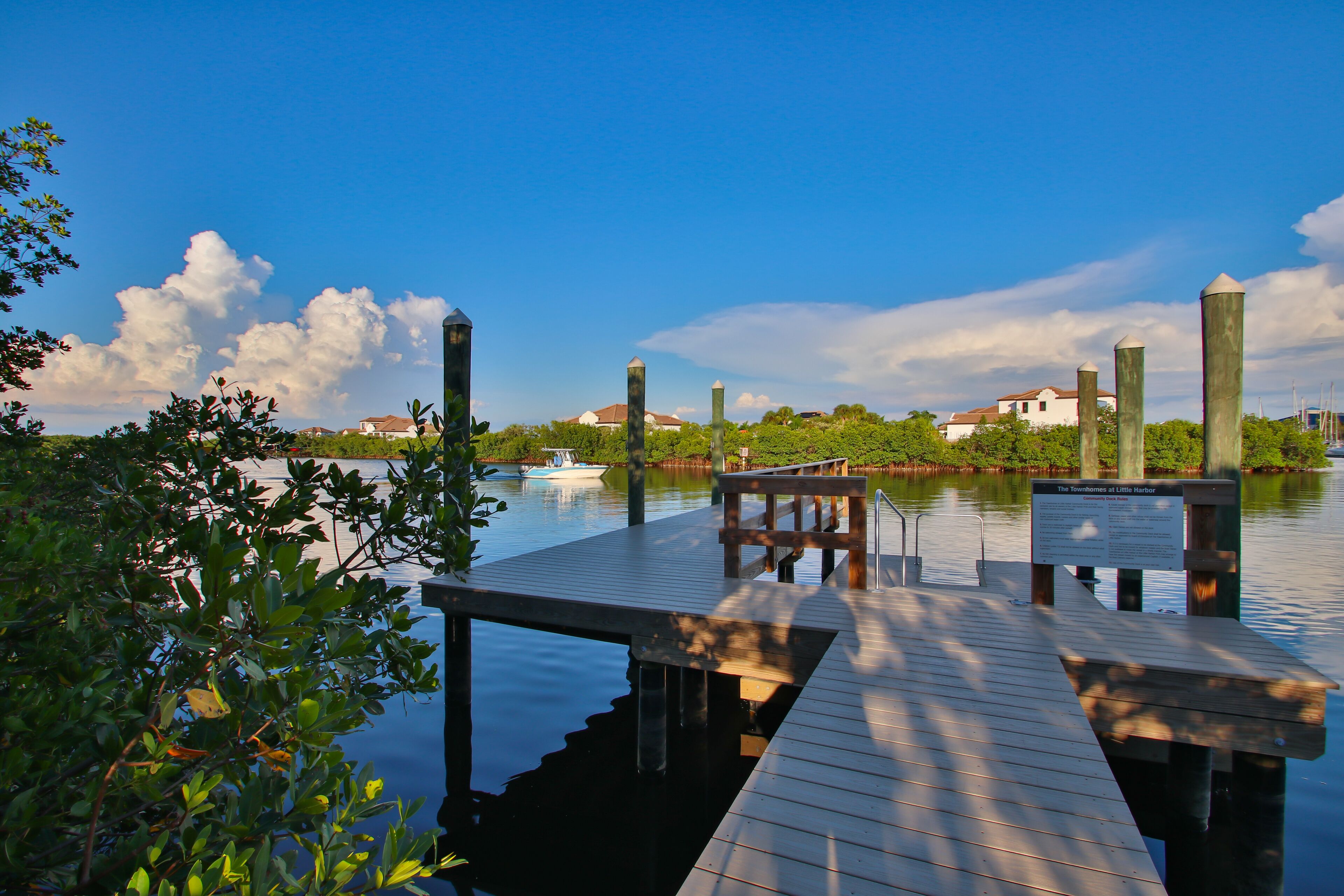 A wooden dock extending into calm water, surrounded by lush greenery and a clear sky.