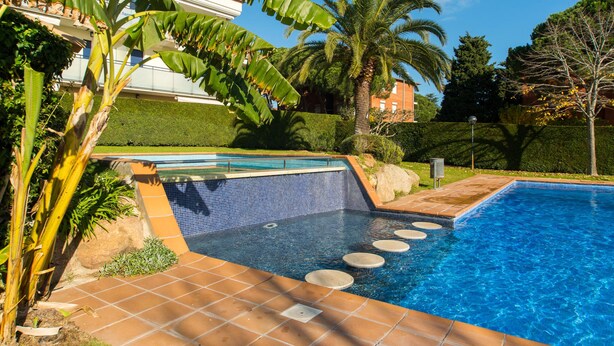 A swimming pool with a tiled edge, surrounded by palm trees and a well-maintained lawn.