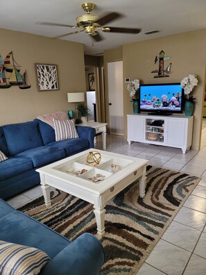 Smart TV, fireplace, video games, DVD player