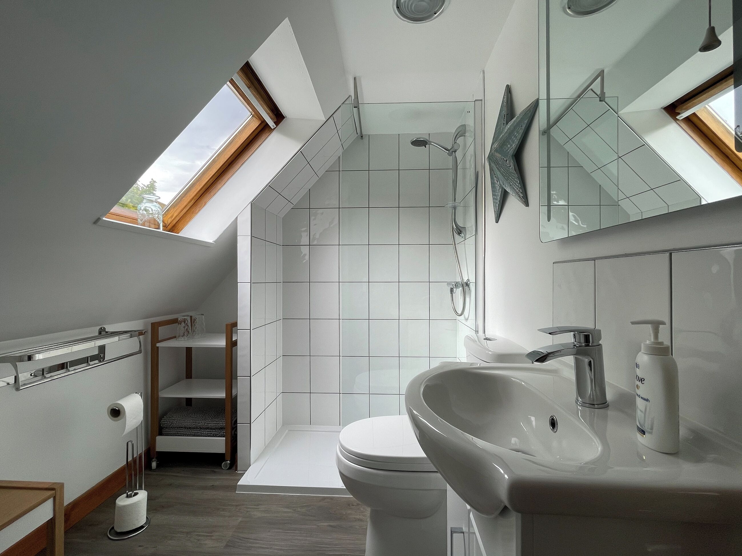 A modern bathroom with a skylight, a shower, a toilet, and a sink.