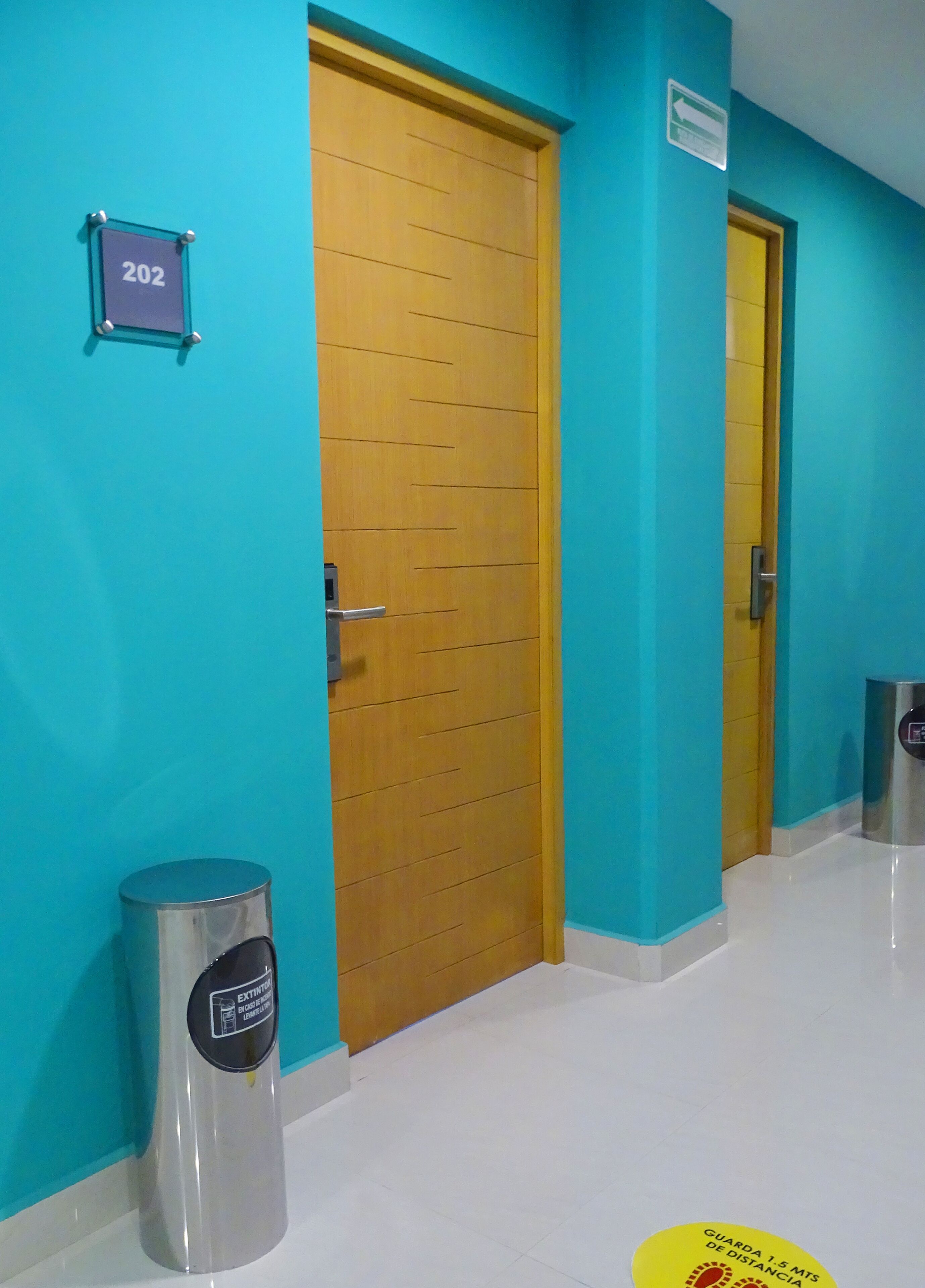 Un pasillo con paredes color turquesa, una puerta de madera con el número 202 y un bote de basura con la etiqueta 'extinto'.